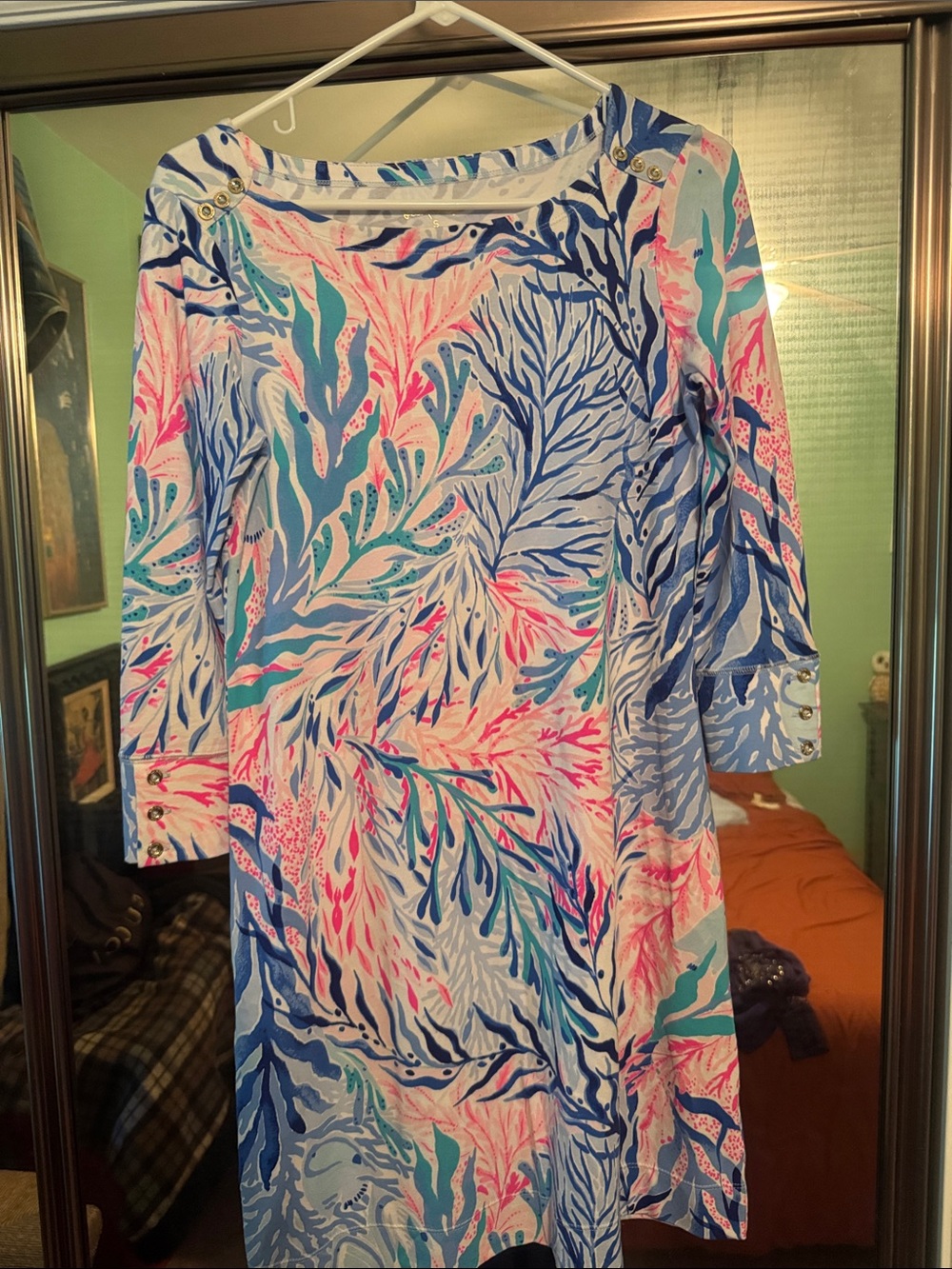 Lilly Pulitzer Blue, Teal & Pink Long Sleeve Printed Shift Dress